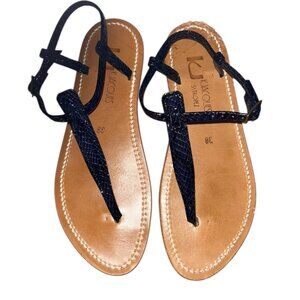 KJacques St Tropez black patent leather thong ankle strap sandals 8